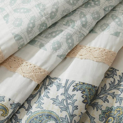 Set of Nine Aqua And Ivory Paisley King Ring Stitch Polyester Sham And Comforter