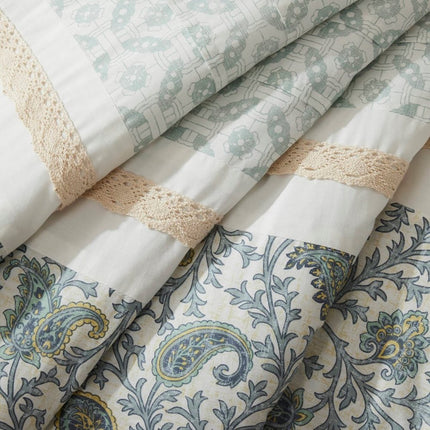 Set of Nine Aqua And Ivory Paisley King Ring Stitch Polyester Sham And Comforter
