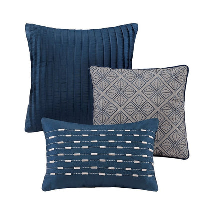 Set of Seven Navy Blue And Ivory Ombre King Ring Stitch Polyester Sham And Comforter