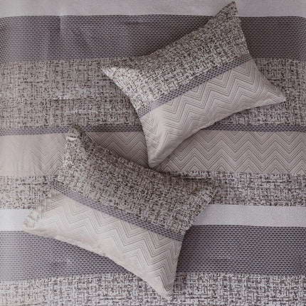 Set of Seven Gray And Taupe Striped King Ring Stitch Polyester Sham And Comforter