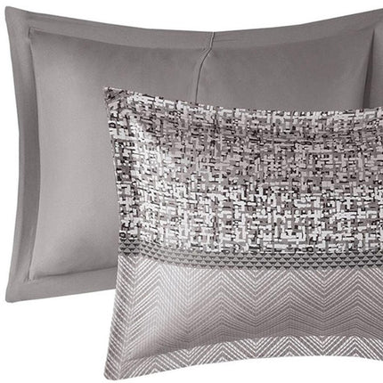 Set of Seven Gray And Taupe Striped Queen Ring Stitch Polyester Sham And Comforter