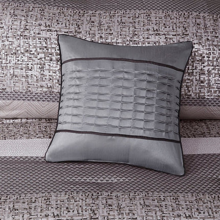 Set of Seven Gray And Taupe Striped Queen Ring Stitch Polyester Sham And Comforter