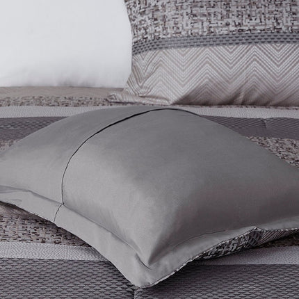 Set of Seven Gray And Taupe Striped Queen Ring Stitch Polyester Sham And Comforter