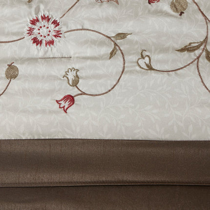 Set of Seven Red Brown And Ivory Floral King Ring Stitch Polyester Sham And Comforter