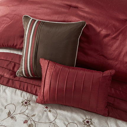 Set of Seven Red Brown And Ivory Floral King Ring Stitch Polyester Sham And Comforter