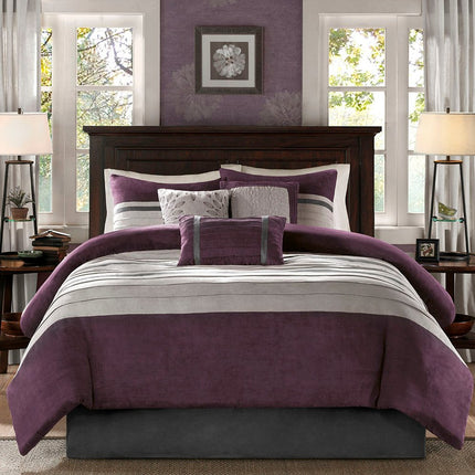 Set of Seven Purple And Gray Striped King Ring Stitch Polyester Sham And Comforter