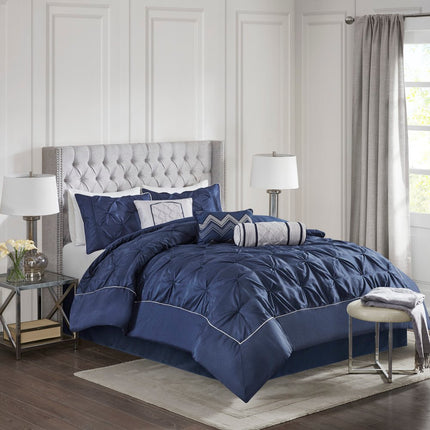 Set of Seven Navy Blue Queen Ring Stitch Polyester Sham And Comforter