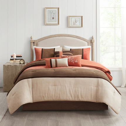 Set of Seven Coral And Brown Striped King Ring Stitch Polyester Sham And Comforter