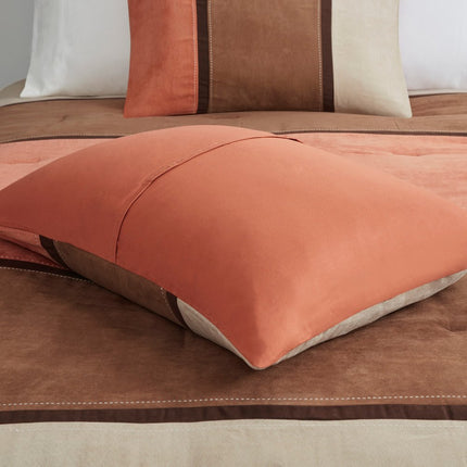Set of Seven Coral And Brown Striped King Ring Stitch Polyester Sham And Comforter