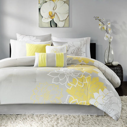 Set of Seven Gray And Yellow Floral Queen Ring Stitch Polyester Sham And Comforter