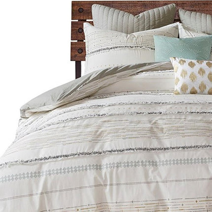 Set of Three Off White And Gray Striped King Ring Stitch Sham And Comforter