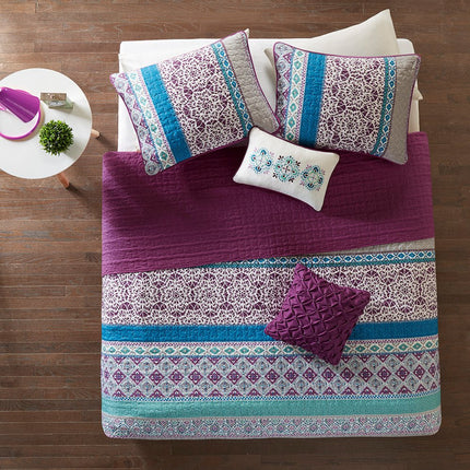Set of Five Purple And Ivory Striped Queen Ring Stitch Sham And Comforter