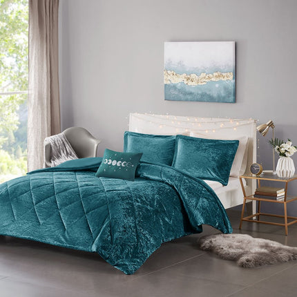 Set of Four Teal Blue King Ring Stitch Polyester Sham And Comforter