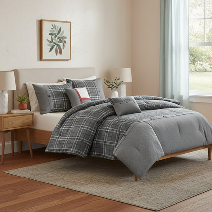 Set of Five Gray And White Plaid Queen Ring Stitch Polyester Sham And Comforter