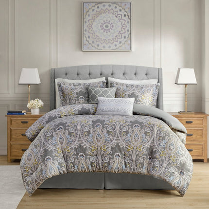 Set of Six Gray And Ivory Damask King Ring Stitch Sham And Comforter