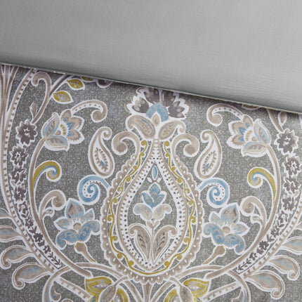 Set of Six Gray And Ivory Damask King Ring Stitch Sham And Comforter