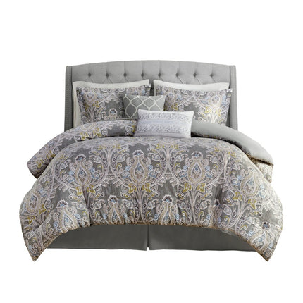 Set of Six Gray And Ivory Damask Full Ring Stitch Sham And Comforter