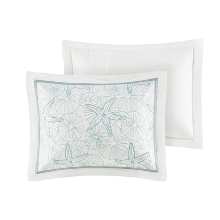 Set of Four White And Aqua Full Ring Stitch Sham And Comforter