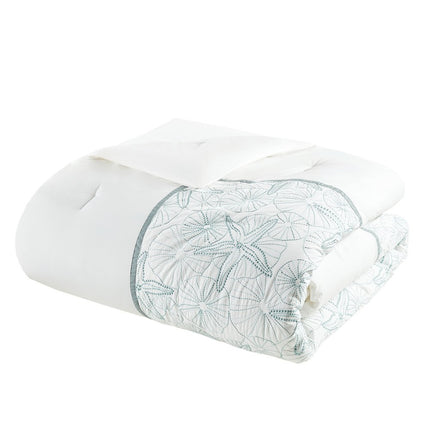Set of Four White And Aqua Full Ring Stitch Sham And Comforter