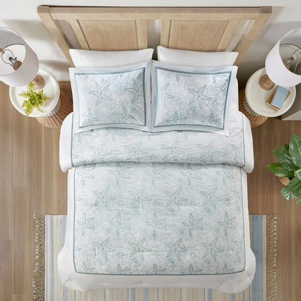 Set of Four White And Aqua Full Ring Stitch Sham And Comforter