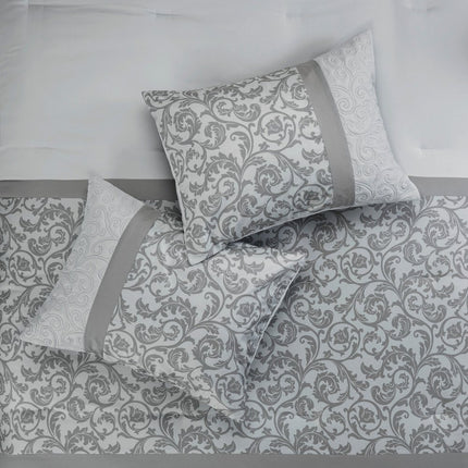 Set of Eight Gray And Ivory Damask Ring Stitch Polyester Sham And Comforter