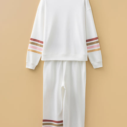 Beige Striped Drop Shoulder Round Neck Pullover and Jogger Pants Active Outfit