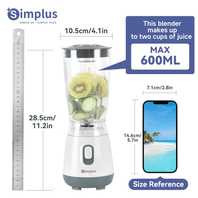 Simplus 250W High-Speed Blender, 600ml Large Capacity, Environmental ABS Material, Durable, Transparent, Tasteless, Multi-Functional, Simple Design, Easy to Disassemble and Clean, with European Standard Plug, for Juice, Smoot