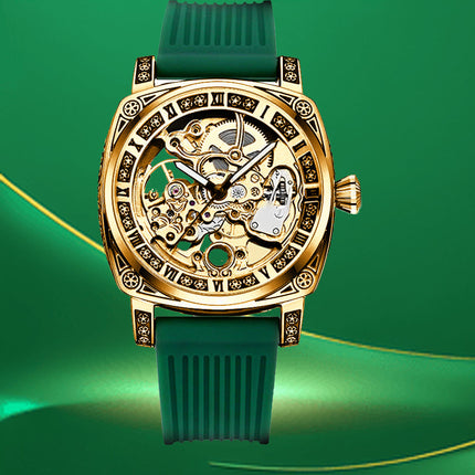 1pc Men's Vintage Roman Numeral Automatic Mechanical Watch - Green Strap