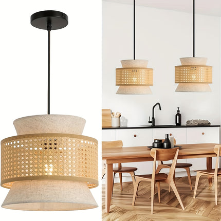 Vintage Rattan Woven Chandelier with Rattan And Fabric Lampshade,