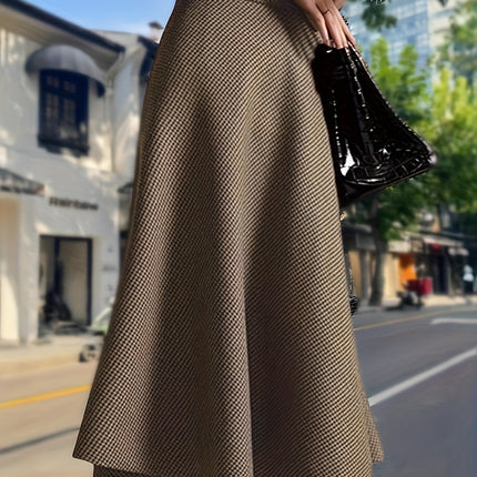 Women's New Houndstooth Checkered Midi Skirt, High-End Autumn Winter Tweed A-Line Umbrella Skirt