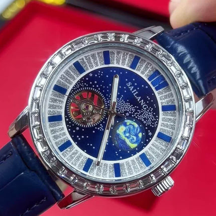 Men's Automatic Mechanical Watch - Casual Style, Rhinestone Detail, No-Waterproof,