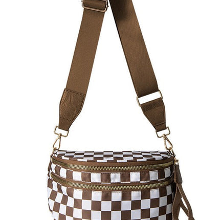 Blackish Green Checkered Print Wide Strap Large Crossbody Bag
