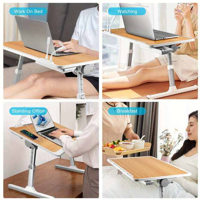 Lap Desk Bed Tray Table, Adjustable Laptop Stand For Bed With USB/Light/ Fan/Drawer