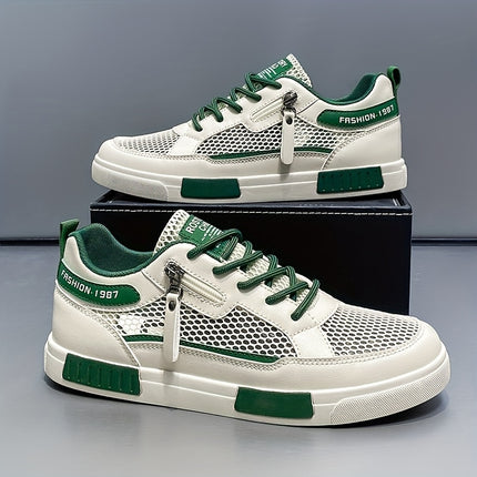 Men'S Breathable Mesh Casual Sports Shoes- White and Green Low-top Lace-up Shoes with EVA Cushioning