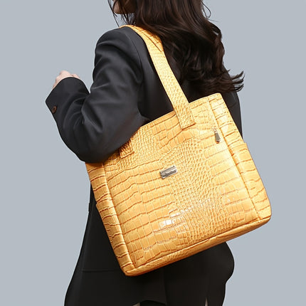 Crocodile Pattern Handbag - Large Capacity, Multi-Pocket Shoulder Handbag with Zipper Closure