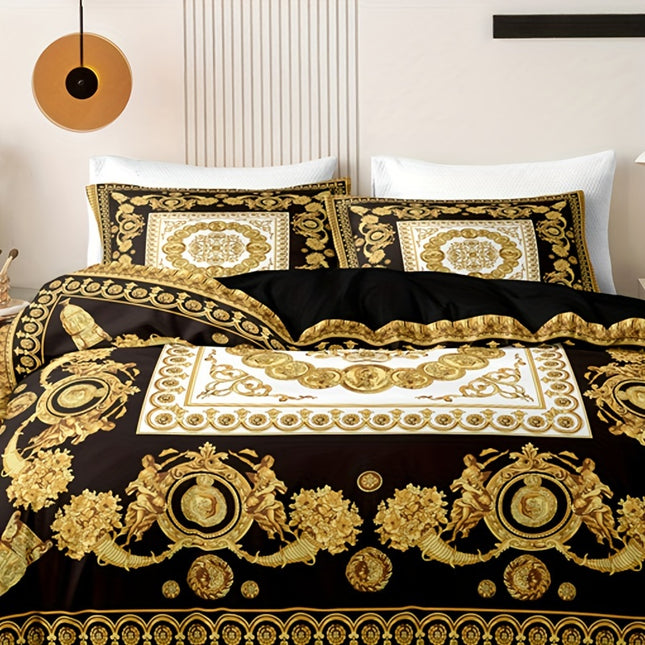 3pcs European Black and Golden Digital Print Duvet Cover Set, Polyester, Zippered, All-Season, Machine Washable, Bedding Set for Home Decor