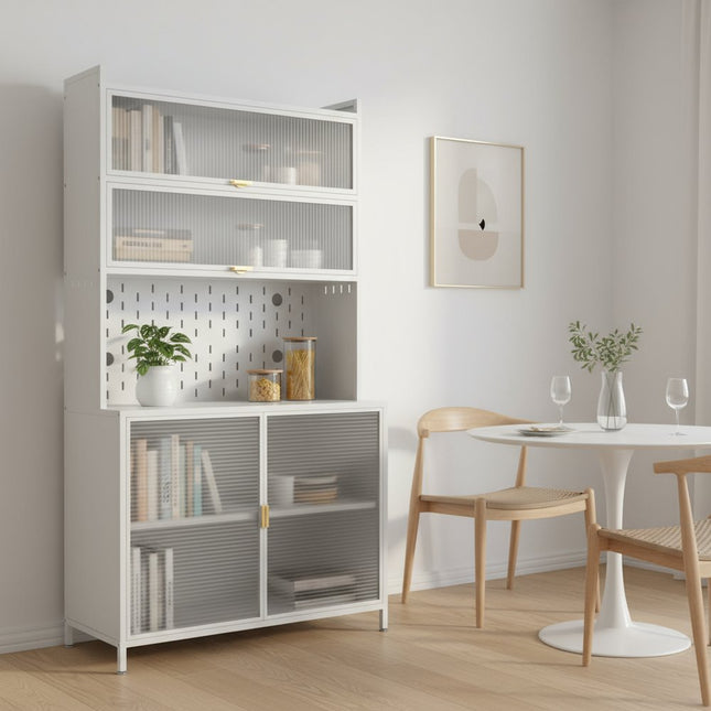 73" White Stainless Steel Textured Door Dining Hutch With Two Doors