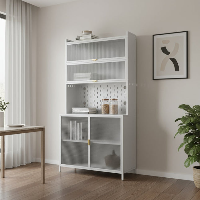 73" White Stainless Steel Textured Door Dining Hutch With Two Doors