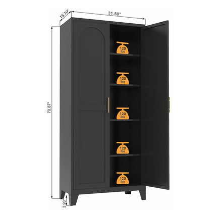 71" Black Stainless Steel Pantry Or Storage Closet With Arched Panel Doors