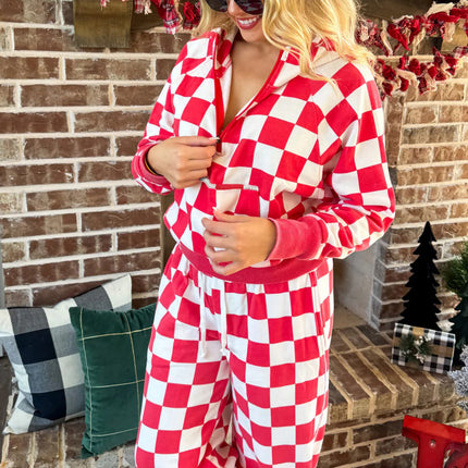 Red Checkered Print Half Zip Hoodie Loose Pant Set