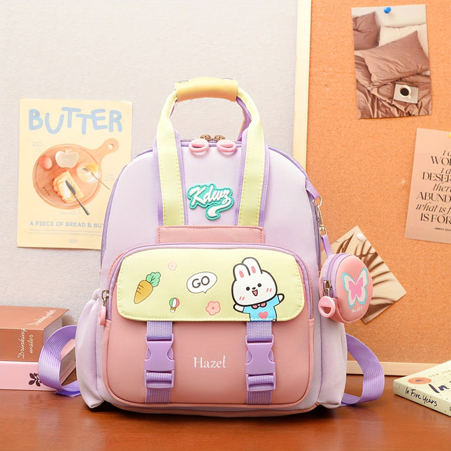 Customizable name, cute cartoon bunny/ astronaut design backpack with detachable small wallet