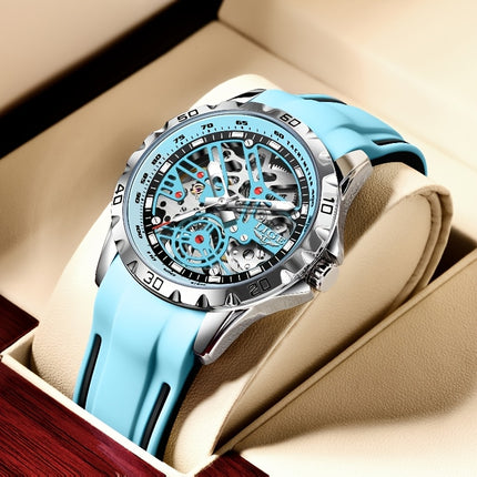 men&women's Automatic Mechanical Watch - Stylish Blue Silicone Strap, Alloy Case,