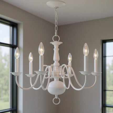 White Six Light Dimmable Chandelier With Shades