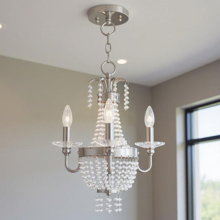 Nickel And Clear Three Light Metal Dimmable Chandelier With Shades