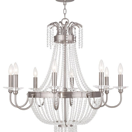 Nickel And Clear Eight Light Metal Dimmable Chandelier With Shades