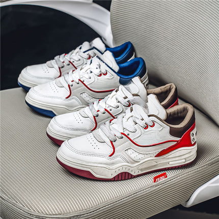 Men's Large Size Low-Top Sneakers - PU Upper & White/Red Burgundy Color