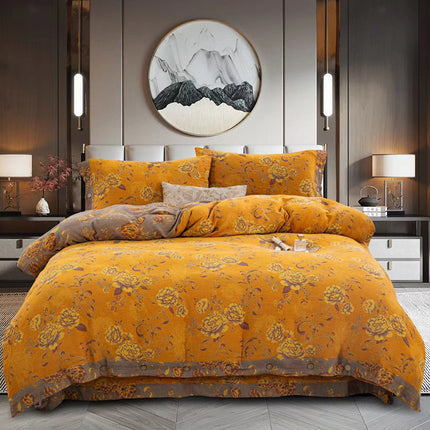 Cotton Double-layer Yarn Four-piece Flower Quilt Cover Bedding Bedding