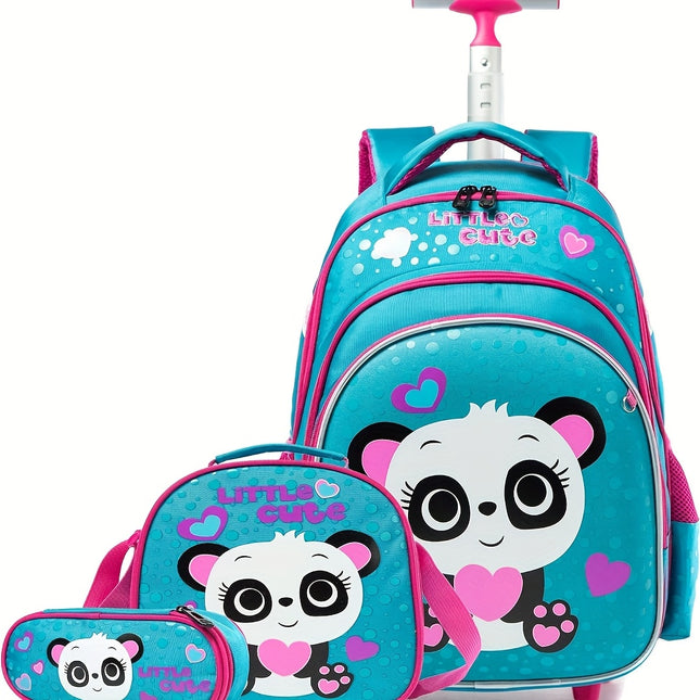Set Panda Children's Student Rolling Backpack, Shoulder Bag, and Pencil Case Set,