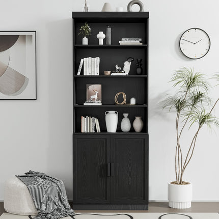49" Black Wood Four Tier USB Etagere Bookcase