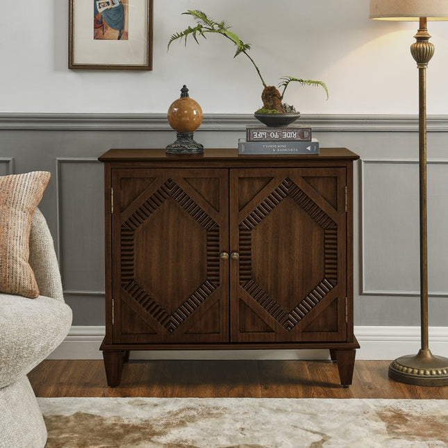 34" Brown Wood Carved Geometric Accent Cabinet With Two Doors